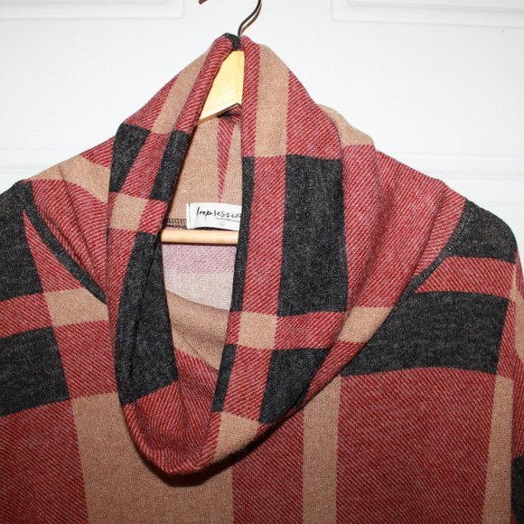 Limited Time Sale:Impressions Red/Black/Tan Checkered Cowl Neck Sweater Size XL - Picture 2 of 9
